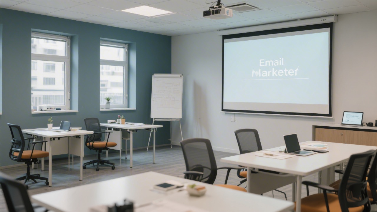 Modern training room with a projector screen, chairs, and a tidy workspace, ready for a professional email marketing workshop.