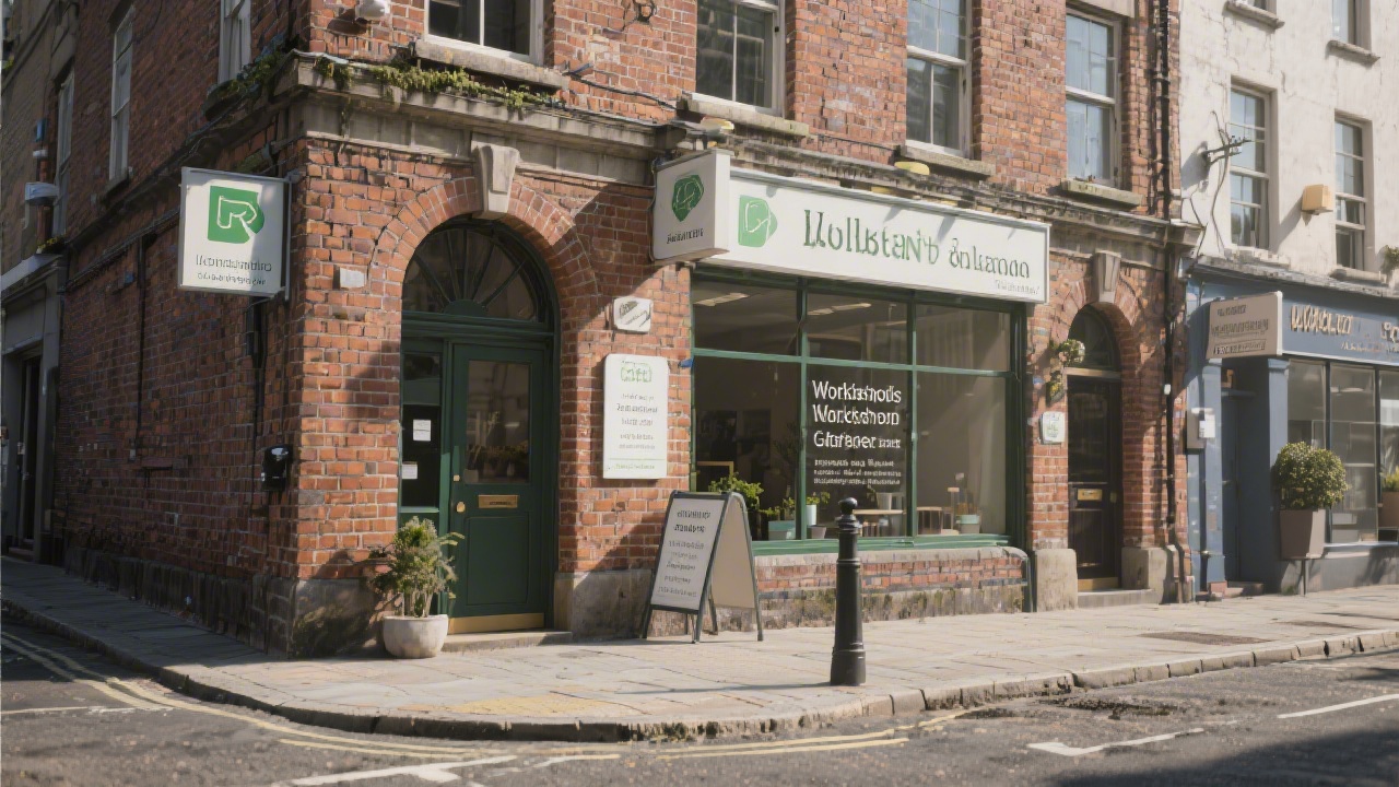 Exterior view of a Dublin street with a brick building entrance and signage, showing the local neighborhood where the workshops are hosted.