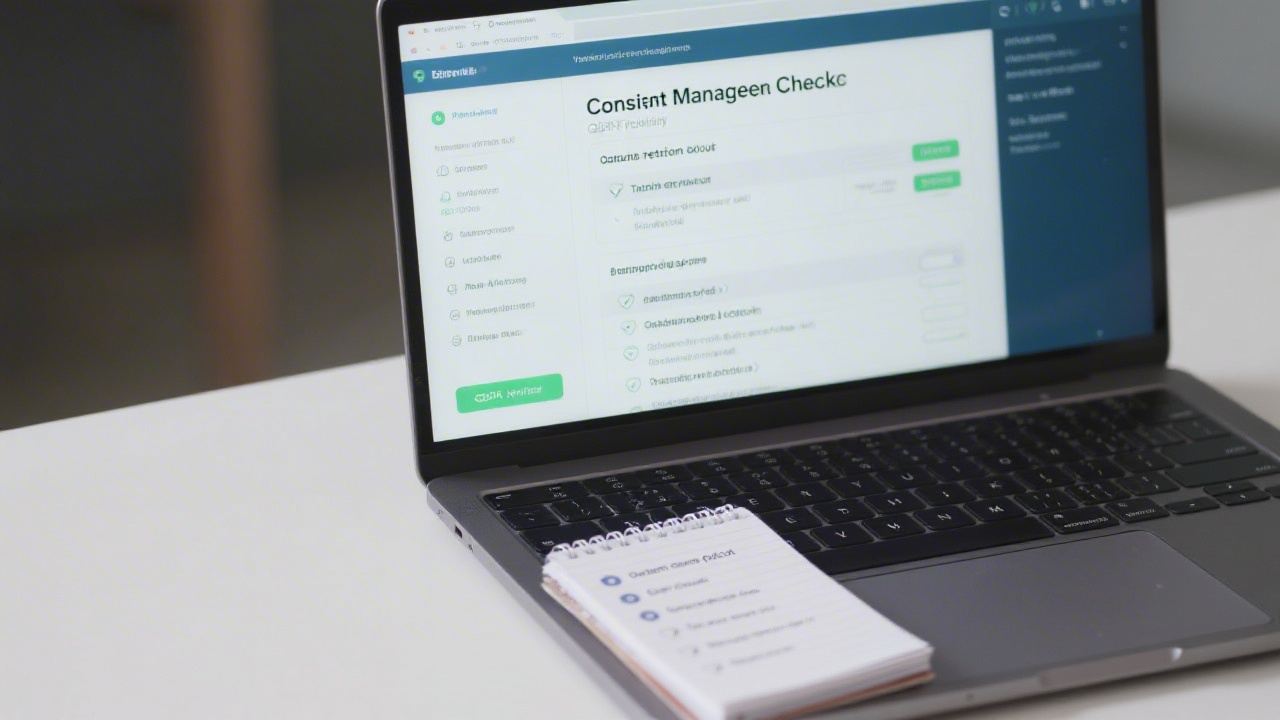 Close-up of a laptop displaying a consent management checklist and GDPR policy summary with a notepad that lists data retention and opt-out steps.