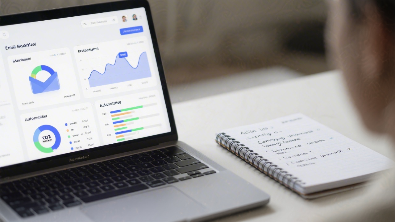 Collage of email marketing dashboards on screens, showing automation builders, segmentation filters, and performance charts used by small business teams.